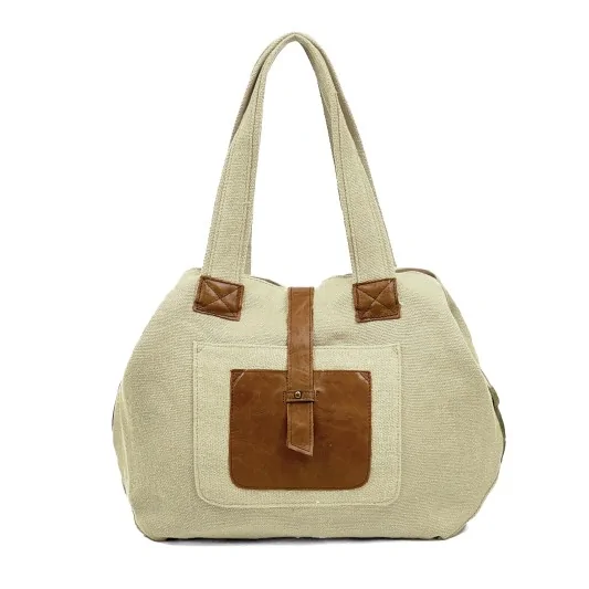 Bolso shopper de lino arpillera combinada piel